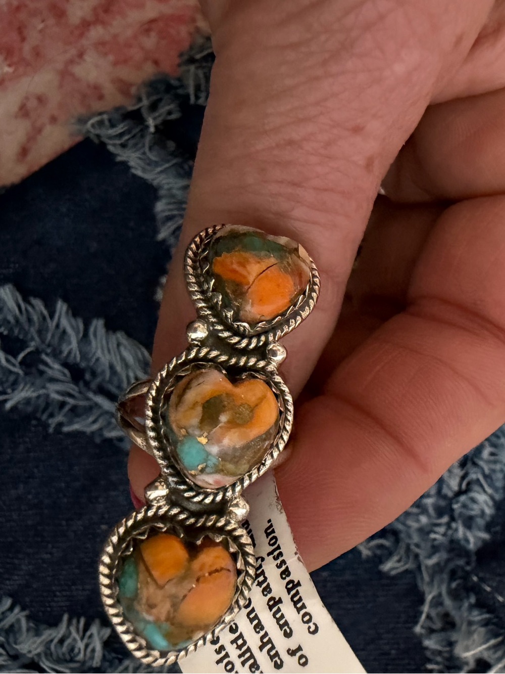 Triple Heart Stone Silver-Tone Ring in Orange and Turquoise